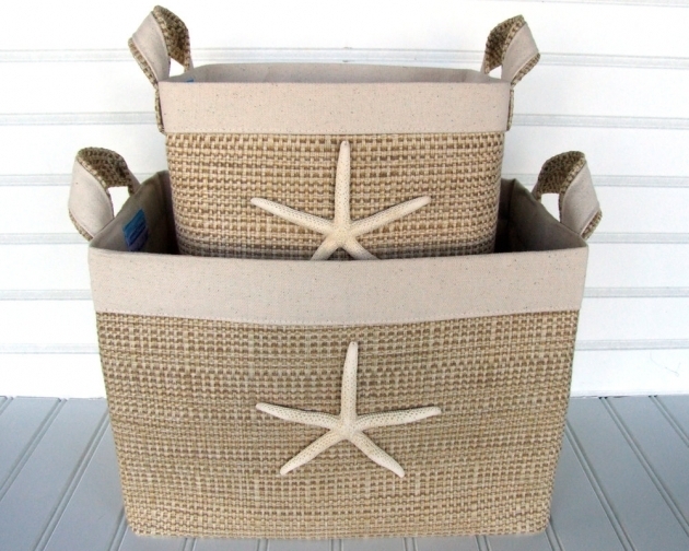 Stylish Set Of Two Coastal Fabric Storage Baskets With Sea Stars For Your Yellow Fabric Storage Bins