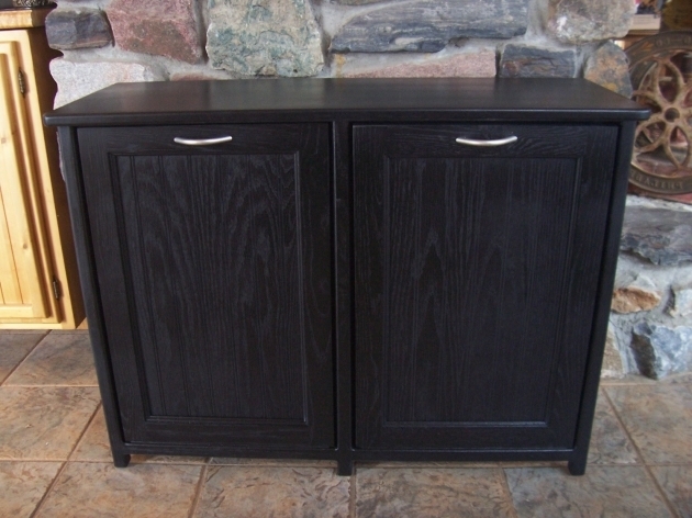 Alluring New Black Painted Wood Double Trash Bin Cabinet Garbage Can Tilt Out Trash Bin Storage Cabinet